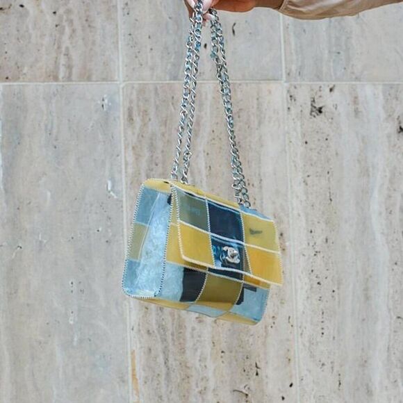 Rare Vintage CHANEL Blue and Beige PVC Stitched Patchwork CC Logo Should… - Picture 6 of 16